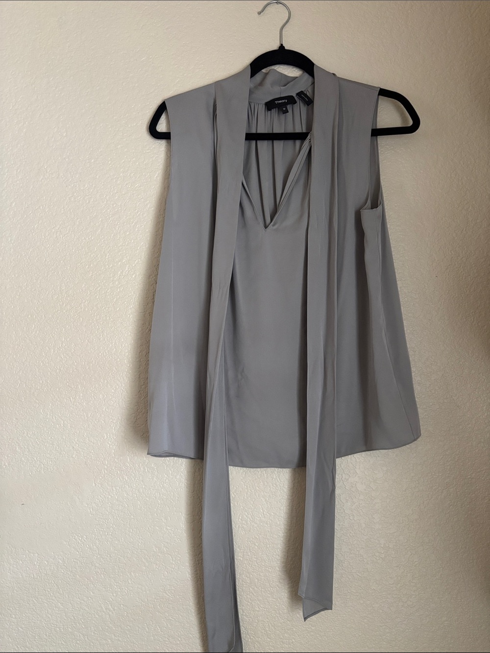 Theory Silk Sleeveless Tie-Neck Blouse in Light Gray